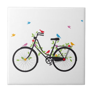 fiets met bloemen en vogels tegeltje