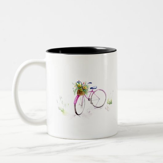 Fiets met bloemen. tweekleurige koffiemok (Links)