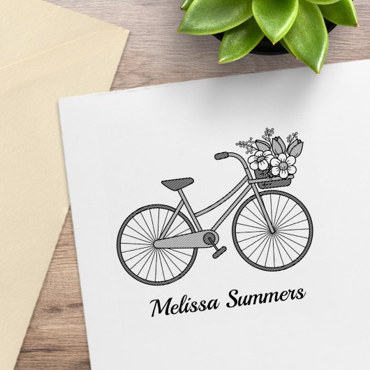 Fiets met bloemenmand aangepaste naam rubberstempel