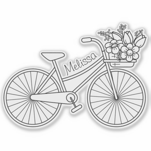 Fiets met bloemenmand, aangepaste naam sticker (Voorkant)