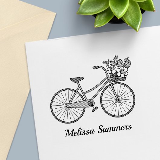 Fiets met bloemenmand aangepaste naam  zelfinktende stempel