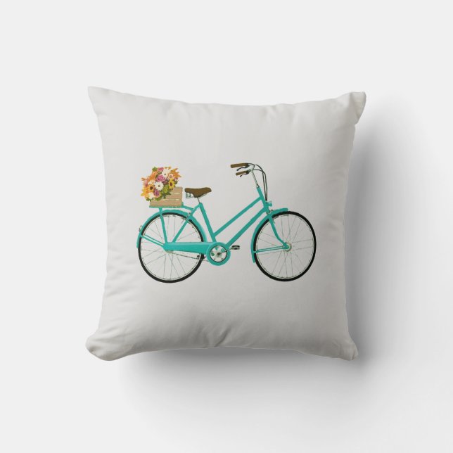  fiets met Flowers Turquoise Pillow Kussen (Voorkant)