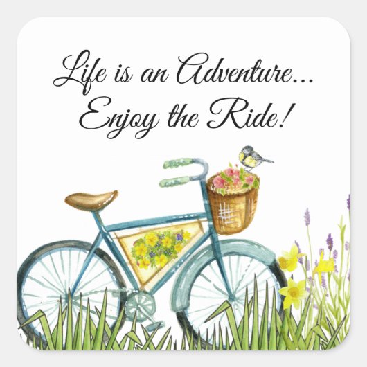 fiets met mand bloemen vierkante sticker (Voorkant)