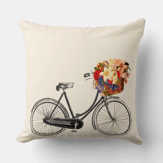 Fiets met mand vol bloemen kussen (Voorkant)
