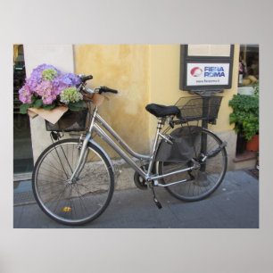 Fiets met mand vol hortensia's poster