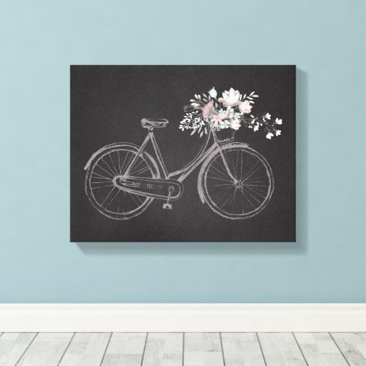 fiets met mooie roze & witte bloemen canvas afdruk (Insitu (Houten vloer))