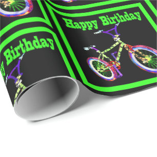 Fiets met neon groene kleuren Happy Birthday Cadeaupapier