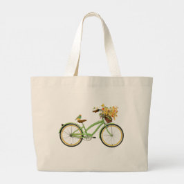 Fiets Met Vogel en Bloemenmand Groen Geel Grote Tote Bag