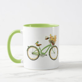 Fiets Met Vogel en Bloemenmand Groen Geel Mok