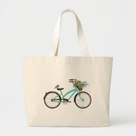 Fiets Met Vogel en Bloemenmand Turquoise Blauw Grote Tote Bag