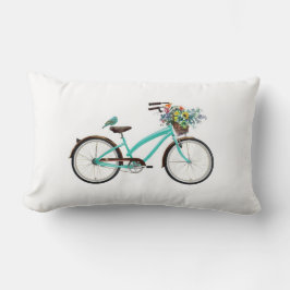 Fiets Met Vogel en Bloemenmand Turquoise Blauw Kussen