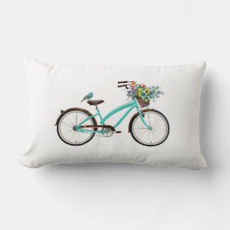 Fiets Met Vogel en Bloemenmand Turquoise Blauw Kussen