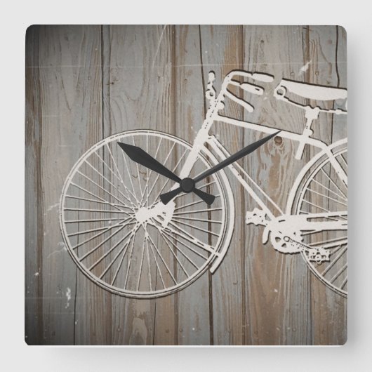  fiets op Rustic Wooden Board Wall Art Vierkante Klok (Voorkant)