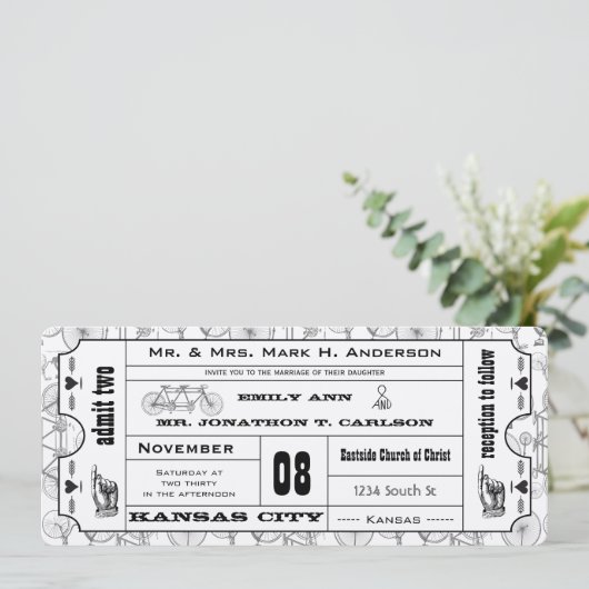  fiets Typography Ticket Wedding Kaart (Staand voorkant)