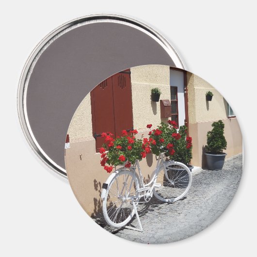 Fiets vol rode geranium bloemen magneet (Voorkant / Achterkant)