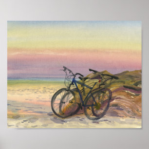 Fietsen bij de zee bij zonsondergang Aquarel Poster