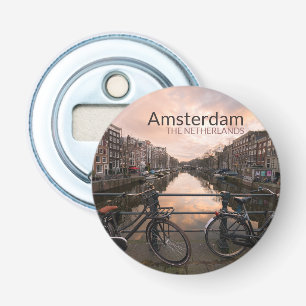 Fietsen bij zonsondergang in Amsterdam Button Flesopener