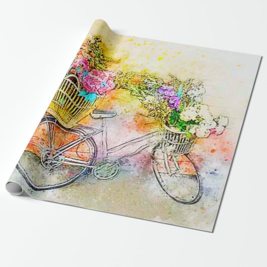 Fietsen en bloemen cadeaupapier (Uitgerold)