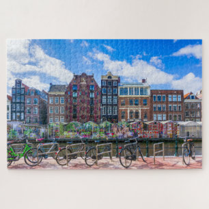 Fietsen Houses Along Amsterdam Canal Nederland Legpuzzel