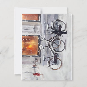 Fietsen in sneeuwstorm in Waterverf Feestdagenkaart