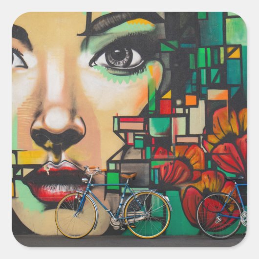 Fietsen op graffiti vierkante sticker (Voorkant)