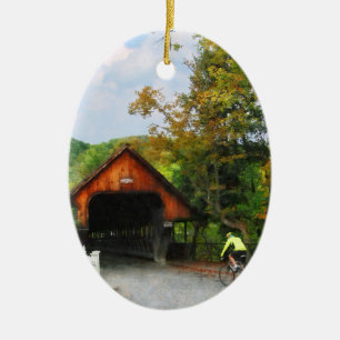 Fietser bij Middle Bridge Woodstock VT Keramisch Ornament