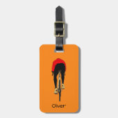 Fietser op oranje achtergrond bagagelabel (Voorkant verticaal)