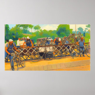 Fietsers kunnen niet wachten bij spoorwegovergang poster