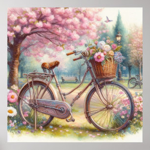  fietsje met bloemetjes in een park waterverf poster