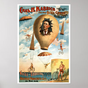 Fietsparachute-act, 1896. Oude reclame Poster
