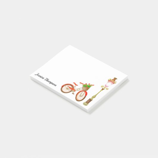 Fietsprogramma met mand bloemen na de presentatie post-it® notes (Schuin)