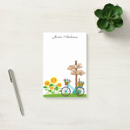 Fietsprogramma met mand bloemen na de presentatie post-it® notes (Kantoor)