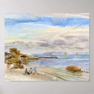 Fietswaterverfschilderij bij een rustig schelpsten poster