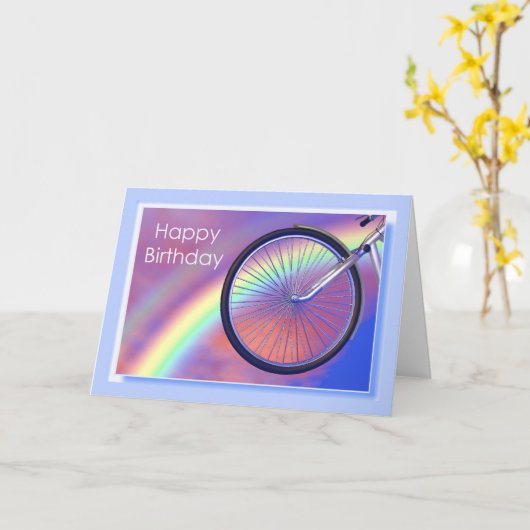 Fietswiel en Regenboog Verjaardag Kaart (Gele Bloem)