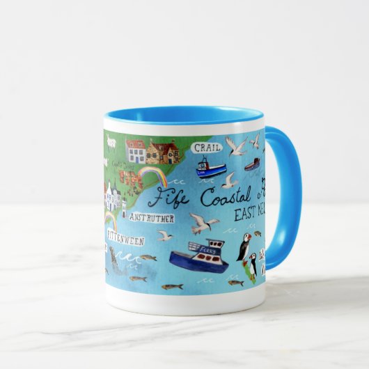 Fife Coastal Path Scotland Map Waterverf Art Mok (Voorkant rechts)