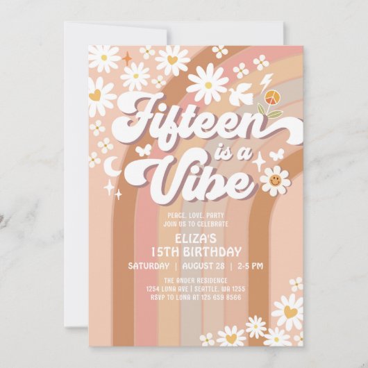 Fifteen is een vibe 15e Daisy Rainbow 70s verjaard Kaart (Voorkant)