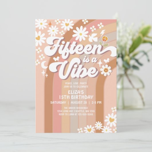 Fifteen is een vibe 15e Daisy Rainbow 70s verjaard Kaart (Staand voorkant)