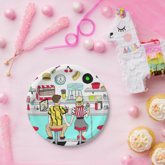 Fifties Diner Nostalgic Couple Holding Hands Art Papieren Bordje (Feest)