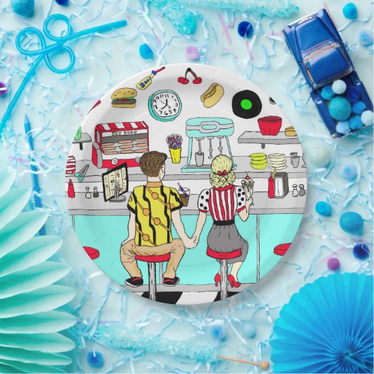 Fifties Diner Nostalgic Couple Holding Hands Art Papieren Bordje (Feest)