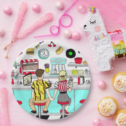 Fifties Diner Nostalgic Couple Holding Hands Art Papieren Bordje (Feest)