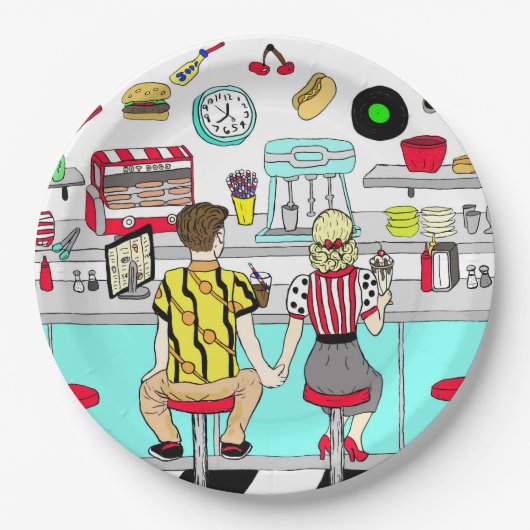 Fifties Diner Nostalgic Couple Holding Hands Art Papieren Bordje (Voorkant)