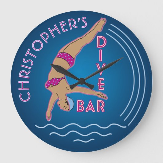 Fifties Retro Neon Let Bikini Swimmer Dive Bar Grote Klok (Voorkant)