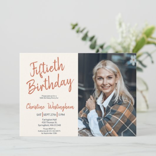 Fiftieth Birthday Photo Rustic Boho Script  50th  Kaart (Staand voorkant)