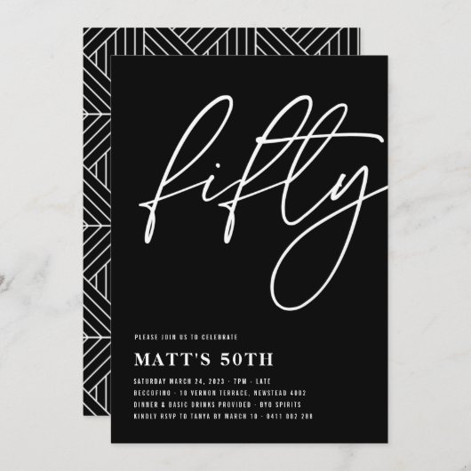 FIFTY 50th Birthday Invitation Black and White Aankondiging (Voorkant / Achterkant)