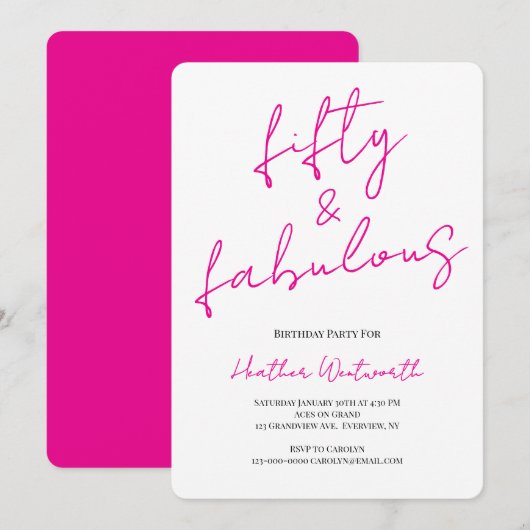 Fifty and Fabulous 50th Birthday Hot Pink Script Kaart (Voorkant / Achterkant)