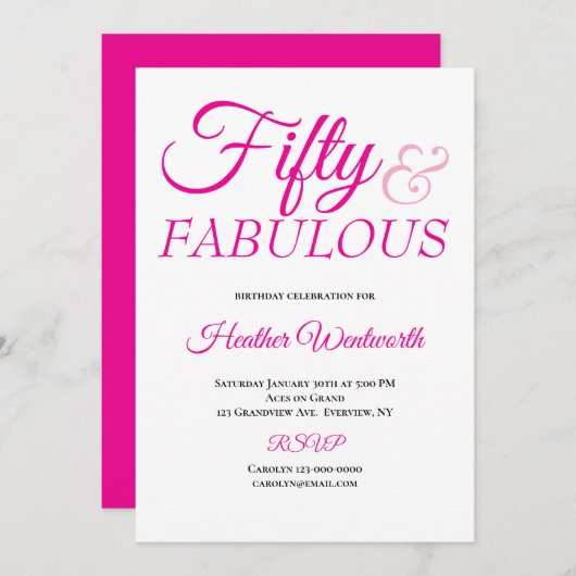 Fifty and Fabulous 50th Birthday Pink Script Kaart (Voorkant / Achterkant)