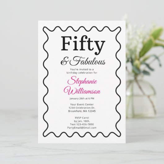 Fifty and Fabulous Black and Pink Script Kaart (Staand voorkant)
