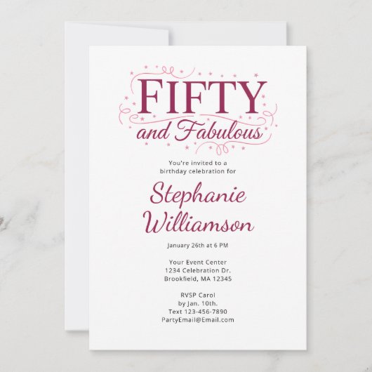 Fifty and Fabulous Black Berry Pink Script Kaart (Voorkant)