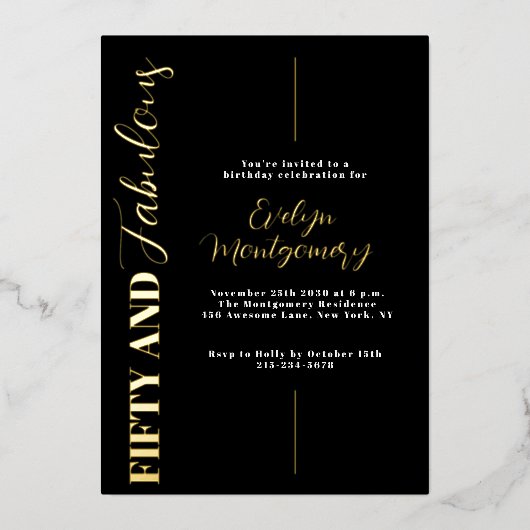 Fifty and Fabulous Black Gold 50th Birthday Party  Folie Uitnodiging (Voorkant)