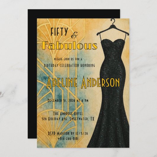 Fifty and Fabulous Black Gold Art Deco 50th Kaart (Voorkant / Achterkant)